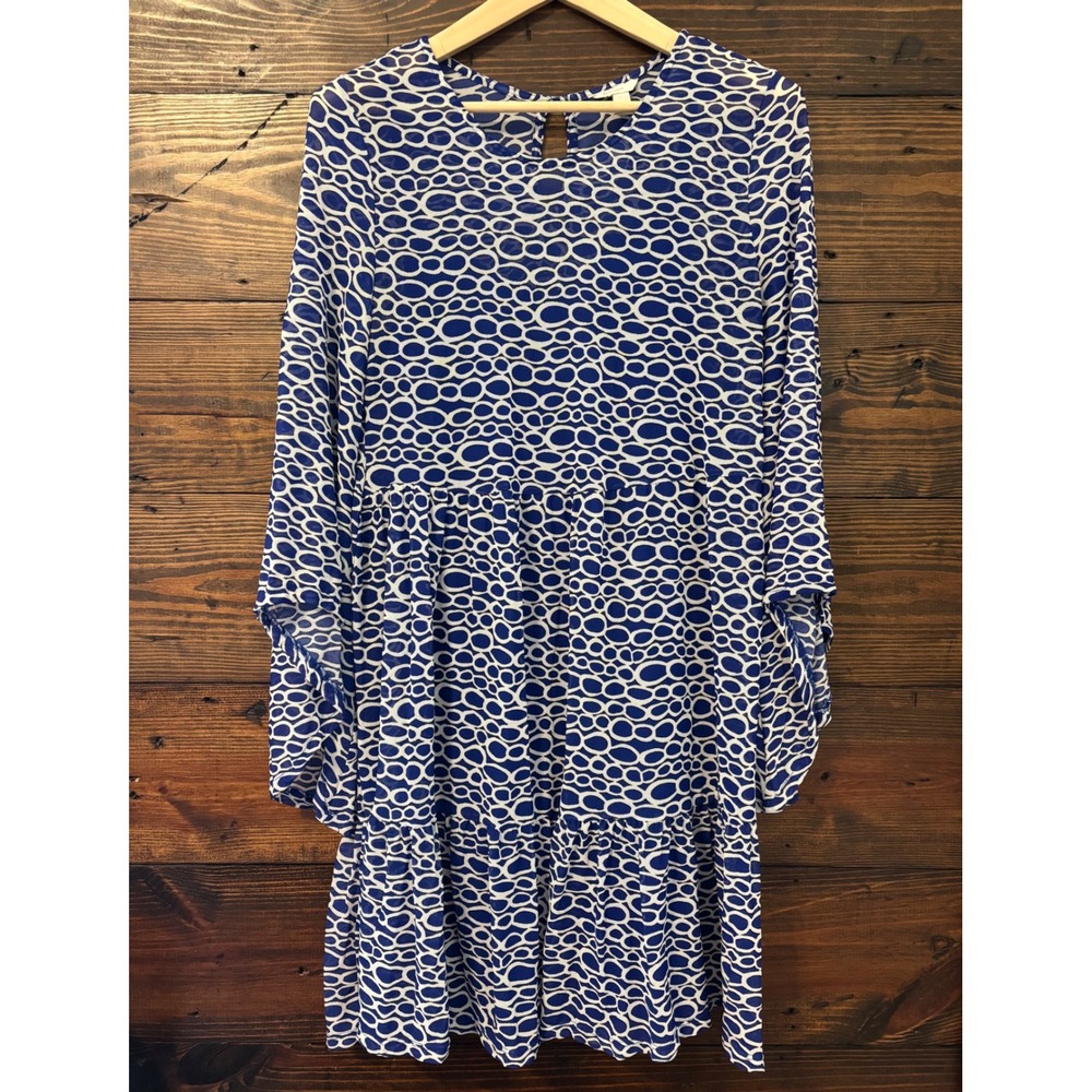 Tiered Swing Dress Womens L Blue White Bell Sleeve Mod Retro 60s Boho Whimsigoth